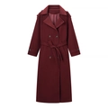 Women's burgundy double-breasted woolen coat with a waist belt and lapel collar - S / Dark Red