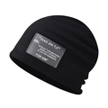 Classic black ribbed knit slouchy beanie hat with grey letter patch for autumn and winter - Adjustable / Black Fine Grid