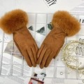 Caramel brown winter gloves for women with faux fur trim and warm fleece lining - One Size / Caramel color