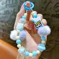 Bijou de téléphone perlé bleu et blanc avec pompons gris et perle de fille de dessin animé - Bleu