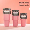 Three peach pink stainless steel tumblers in 20oz, 30oz, and 40oz with hidden handles - Dual Drink Lid Peach Pink