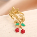 Anillo ajustable de acero inoxidable dorado con colgante de cereza roja y hoja verde - Anillo de Colgante de Cereza(J-2001)