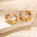 Golden wide hoop earrings with intricate floral cut-out patterns on textured stone - Flower Cut-out (BJGE0468) / Gold