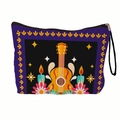 Trousse de maquillage violette Jour des Morts avec guitare jaune et fleurs - Motif Guitare et Bougies (xy-035-03) / Avec Dragonne