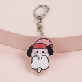 Cute cartoon puppy acrylic keychain with pink Santa hat and silver metal ring - Cute Dog
