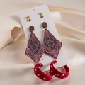 6-Piece Set of ethnic style earrings featuring wood diamonds and red polka dot fabric charms - Silver Pin-Red (6-Piece Set)