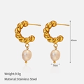 Detail view of 18k gold plated twisted hoop earrings with white pearls and dimensions - Gold Twisted Rope with Pearl Drop
