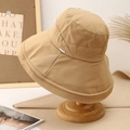 Elegant khaki wide brim sun hat for women on a stylish wooden display stand - M(56-58cm) / Khaki