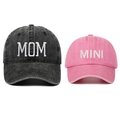 Close-up of MOM and MINI embroidered letters on washed cotton parent-child baseball caps - Black MOM + Pink MINI (Set)