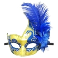 Maschera veneziana per ballo in maschera oro e blu reale con piume e glitter - Oro Blu