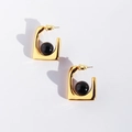 Golden geometric square hoop earrings featuring a polished black spherical onyx stone - Gold