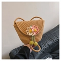 Handgemaakte strooien emmertas in kaki met bloemendetails en smalle schouderriem - Stijl 2 Khaki (Zonnebloem/Hanger)