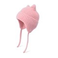 Pink winter knit beanie for kids featuring cute cat ears and warm ear flaps for outdoors - Pink