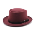 Detail of burgundy wool felt boater hat featuring a black leather band with silver buckle - M (56-58cm) / Burgundy