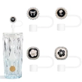Floral straw covers for 10mm cups featuring black and white camellia pearl designs - Camellia Bow Black White Style