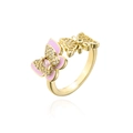 Detailansicht des 18K vergoldeten Schmetterlingsrings mit rosa Emaille und Zirkonia - Einstellbar Offen / Gold/Rosa (11929)