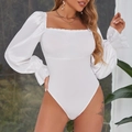 Detailansicht weißer Body mit eckigem Ausschnitt und eleganten Puffärmeln aus Satin - S / Dmv30995 Weiß