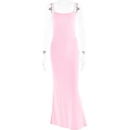 Slim fit backless pink maxi dress with spaghetti straps shown on a clear mannequin - M / Pink