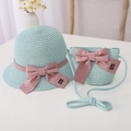 Detail of light blue straw hat and matching purse set with pink handmade bows - Kids 54cm (4-9 Years) / Hat + Bag Set / Mint Green