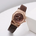 Women's rose gold octagonal watch with crystal bezel and brown leather strap - Coffee