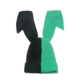 Winter contrast knit beanie with long bunny ears in black and bright green panels - M (56-58cm) / Dark Green