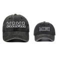 Detail of MAMA and MINI embroidery on washed cotton baseball caps for parent and child - Black MAMA+MINI (2-Piece Set)
