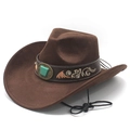 Dark brown wool felt western cowboy hat with turquoise gemstone and feather embroidery - M (56-58cm) / Brown