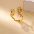 Close-up of golden open ring featuring feather design and sparkling zircon stones - Adjustable Open / Gold Feather Leaf Style (G4127637)