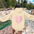Fleece hoodie in beige with pink Love Yourself heart print on the back - Khaki