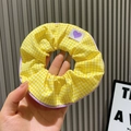 Yellow checkered hair scrunchie with purple borders and a small heart tag - Small Grid / Yellow