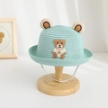 Kinder Strohhut in Mintgrün mit Plüschbärenohren und niedlicher Stickerei - 48-52cm / Sonnenschutz-Strohhut / Grün