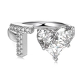 Elegant S925 sterling silver adjustable open ring with zirconia heart and T-letter detail - Silver Letter T