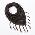 Detail showing the woven checkered texture and handmade tassel fringe of the tactical scarf - Coffee