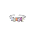 Anello regolabile in argento con una fila di pietre preziose arcobaleno rettangolari - Aperto Regolabile / Stile Diamante a Fila Multicolore (SSJZ-383)