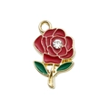 Red enamel rose pendant with green leaves and a sparkling center zircon on golden alloy - Red