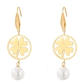 Gold hollow four-leaf clover hoop earrings featuring a white pearl and hook clasp - Gold Four-leaf Clover (KE80016-GC)