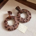 Detail of vintage leopard print fabric ring earrings with tortoiseshell resin texture - Leopard Print & Tortoise Shell Patchwork Hoop (#8 Silver Earring Post - Dark Coffee)