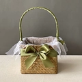 Natural seagrass woven basket with green ribbon handle and white star mesh lining - Moss Green Half Wrap Style