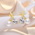 Elegant gold cross earrings with white round pearl and pear-cut zircon stones - Gold Crossed Pearl Stud Earrings (C20)