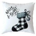 Housse de coussin de Noël blanche avec texte Merry and Bright et motif de chaussette - 45x45cm / Chaussette de Noël à carreaux