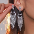 Elegant silver heart earrings with sparkling rhinestone tassels worn by a model - Silver Tassel Heart Style (DTE1616947S)
