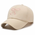 Casquette de baseball beige avec nœud brodé rose, visière courbée et tissu coton - Réglable / Beige Clair