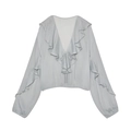 Detailed view of V-neckline with ruffle trim and drawstring tie on light gray blouse - S / Slate Gray