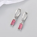 Close-up of S925 silver hoop earrings with rectangular pink zircon gemstone drops - Copper / Platinum Plated Rose Red Zirconia