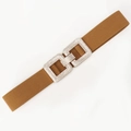 Cintura elastica marrone da donna con fibbia di lusso a doppi strass quadrati - Cammello
