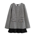 Hahnentritt-Tweedkleid mit goldenen Knöpfen und schwarzem Plissee-Saum auf Weiß - XS / Schwarz