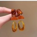 Détails de boucles d'oreilles rétro en résine avec pendentifs ovales géométriques - 45# Résine Ajourée Bois Marron Rouge (Tige en Argent)