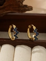 Golden titanium steel hoop earrings with double-sided inlaid blue cubic zirconia stones - ZHE1535 Style - Blue Rhinestone / 18K Gold