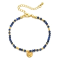 Detail of blue faceted natural stones with gold coin charm and stainless steel beads - Blue