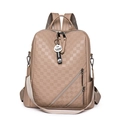 Mochila de cuero sintético marrón claro con textura de rejilla y bolsillos de cremallera - Con Colgante / Caqui